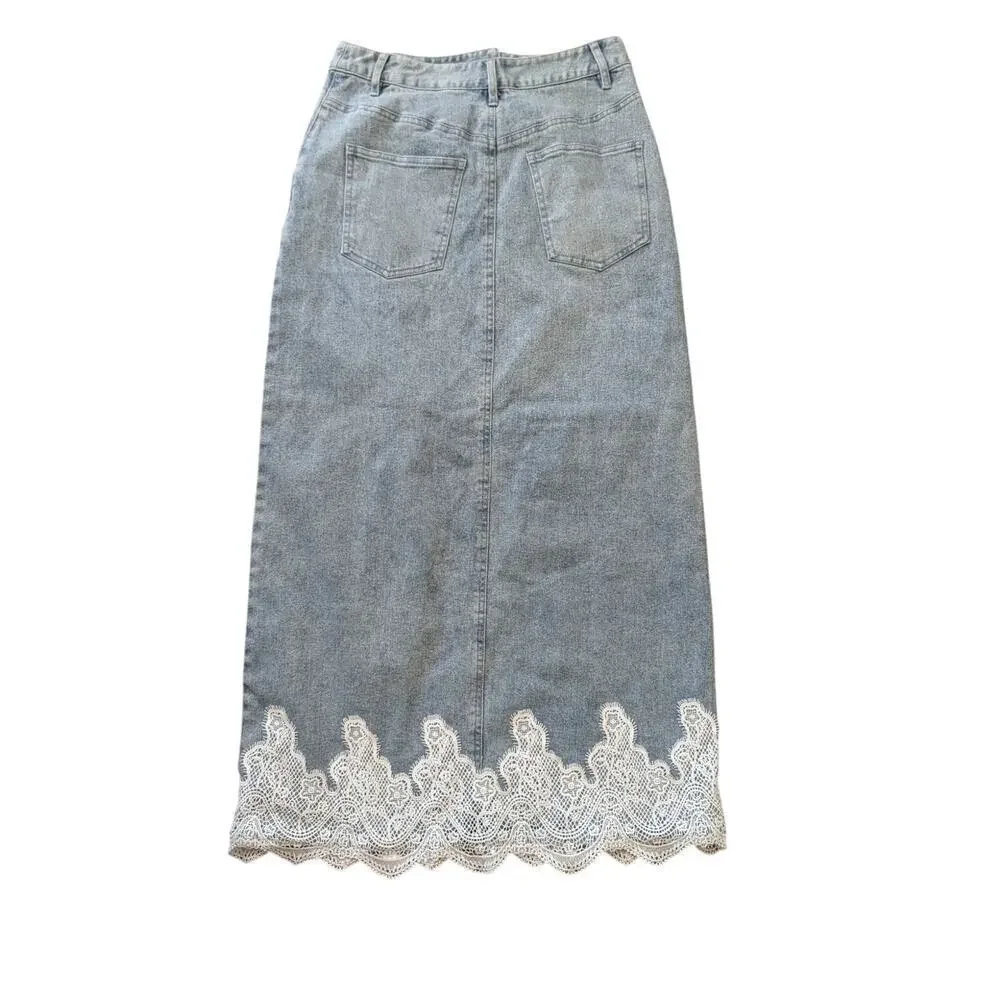 Strut & Bolt Lace Light Wash Denim Long skirt w/Lace Accents;  NWT